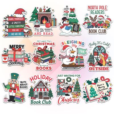 12pcs Christmas Book Club Stickers Pack for Cozy Readers, Book Lovers Winter Reading Fans Cute Bookmas Quotes, Fireplaces, Snowmen, Nutcracker & Holiday TBR Vinyl Decals for Laptop, Bottle 3 Inches