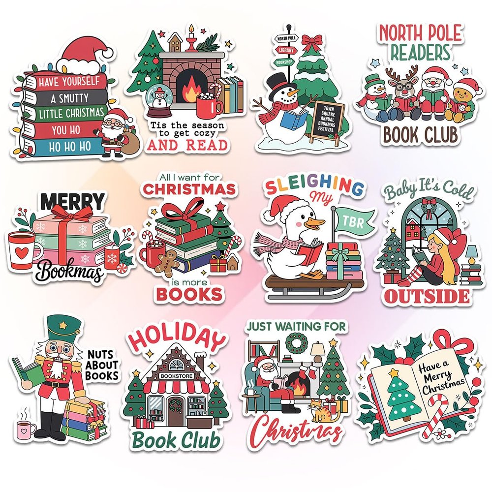 12pcs Christmas Book Club Stickers Pack for Cozy Readers, Book Lovers Winter Reading Fans Cute Bookmas Quotes, Fireplaces, Snowmen, Nutcracker & Holiday TBR Vinyl Decals for Laptop, Bottle 3 Inches