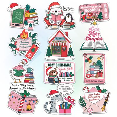 12pcs Christmas Book Club Stickers Pack for Cozy Readers, Book Lovers Winter TBR Fans Polar Bear, Penguin, Cat, Bookshop, Holiday Quotes Bookish Christmas Vinyl Decals Laptop, Water Bottle 3 Inches