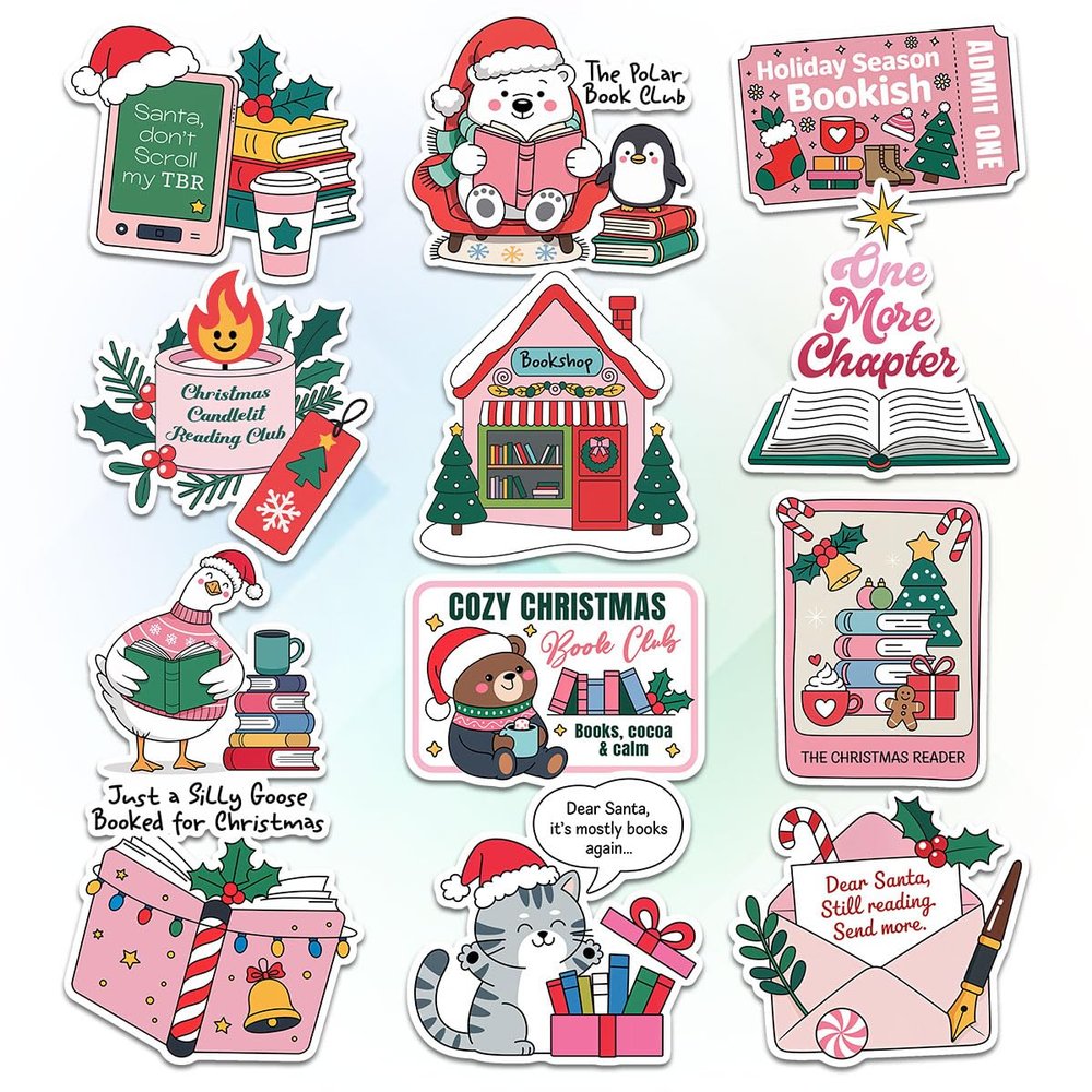 12pcs Christmas Book Club Stickers Pack for Cozy Readers, Book Lovers Winter TBR Fans Polar Bear, Penguin, Cat, Bookshop, Holiday Quotes Bookish Christmas Vinyl Decals Laptop, Water Bottle 3 Inches