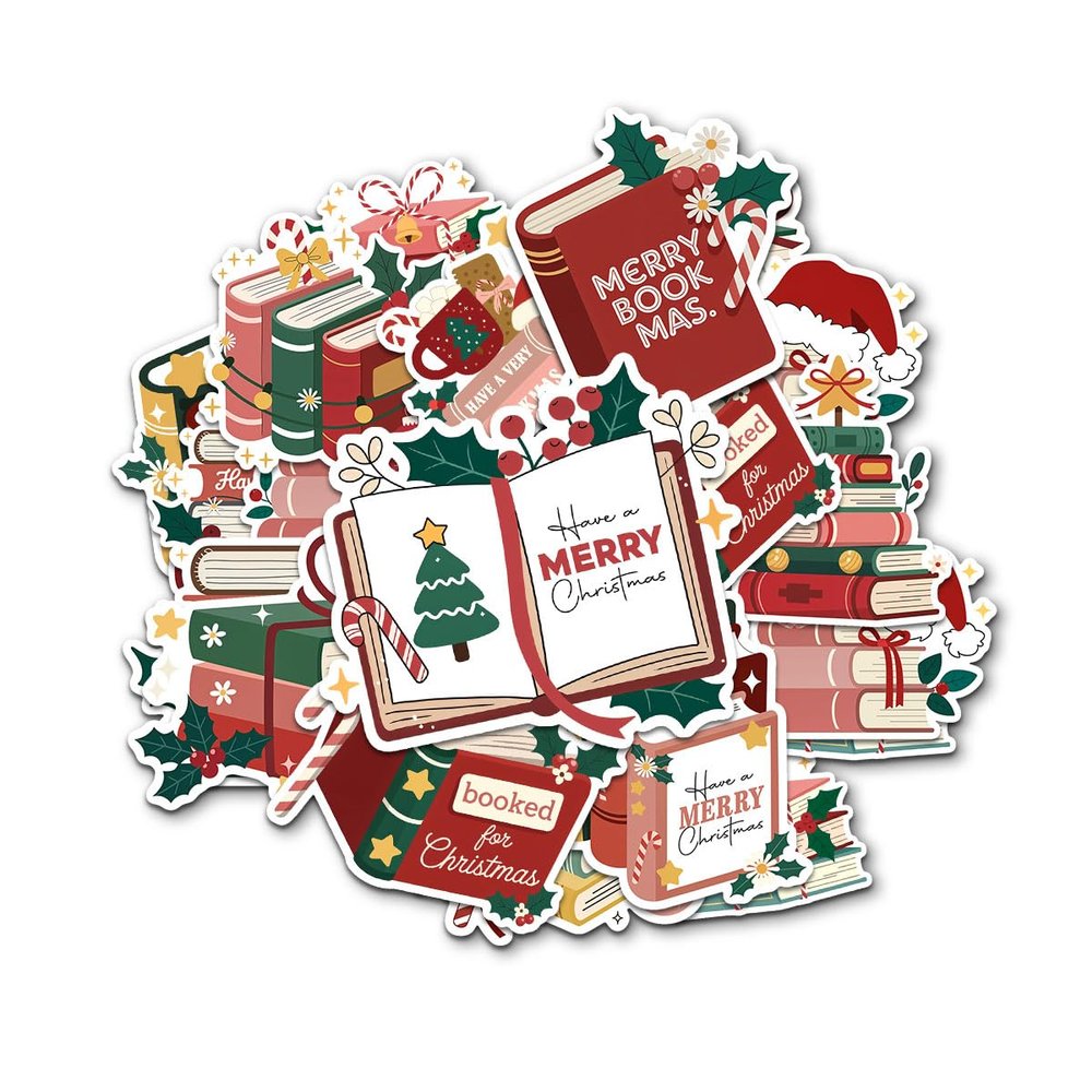 12pcs Christmas Bookmas Stickers Pack For Holiday Readers, Cozy Book Lovers Winter Reading Fans Festive Book Stacks, Holly Decor Bookish Christmas Quotes Vinyl Decals For Water Bottle, Laptop 4 Inches