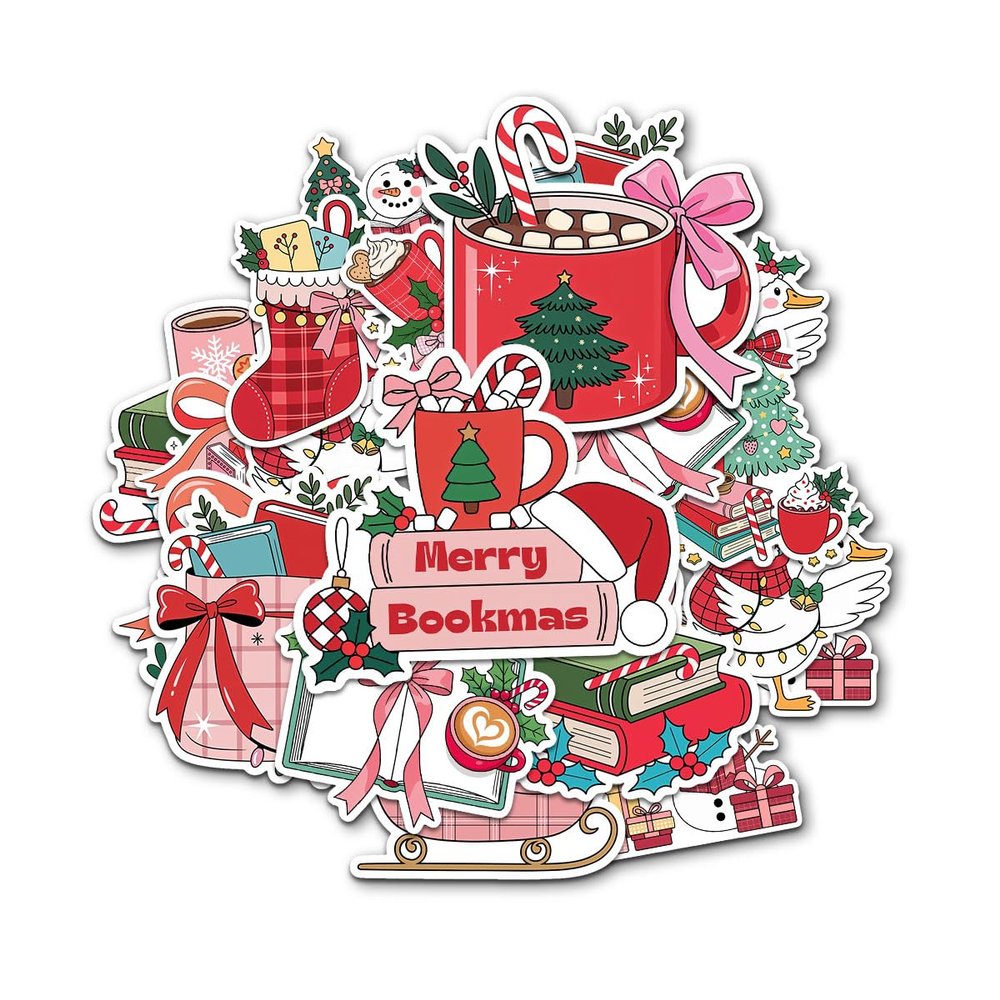 12pcs Christmas Bookish Stickers Pack for Cozy Readers, Holiday Book Lovers & Winter Reading Fans  Cute Festive Books, Mugs, Stockings, Gifts & Snowman Vinyl Decals for Water Bottle, Laptop 2 Inches