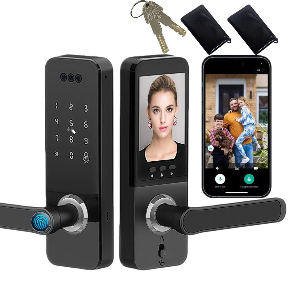 Face Recognition Smart Door Lock with Camera, Doorbell, Video Calling, APP Remote Control, Fingerprint, Password, IC Card, Key, Keyless Face Recognition Door Lock for Front Door, Entry Door, Black