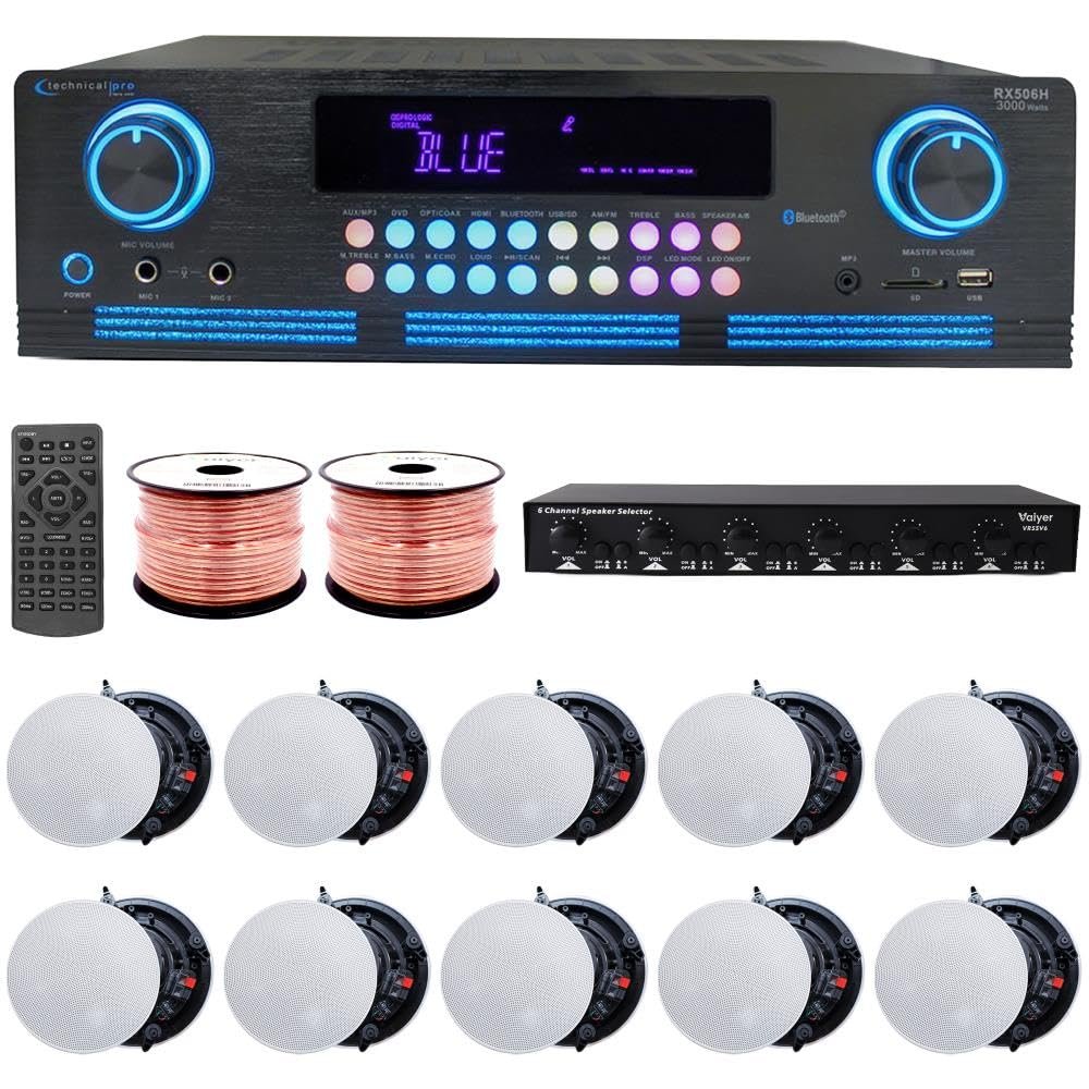 Vaiyer Home Audio System Kit - 2000 W Bluetooth Amplifier w/ 10 Qty of 5.25" Frameless Ceiling Speakers 175 W Each, 6-Ch Speaker Selector w/Volume Control, 500 ft Speaker Wire & Remote