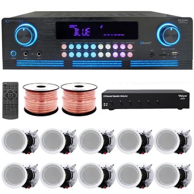 Vaiyer Home Audio System Kit - 2000 W Bluetooth Amplifier w/ 10 Qty of 5.25" Framed Ceiling Speakers 175 W Each, 6-Ch Speaker Selector, 500 ft Speaker Wire & Remote for Home, Office, Restaurant