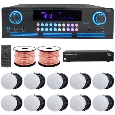 Home Audio System Kit - 2000 W Bluetooth Amplifier w/ 10 Qty of 5.25" Frameless Ceiling Speakers 175 W Each, 6-Ch Speaker Selector, 500 ft Speaker Wire & Remote for Home, Office, Restaurant - Vaiyer
