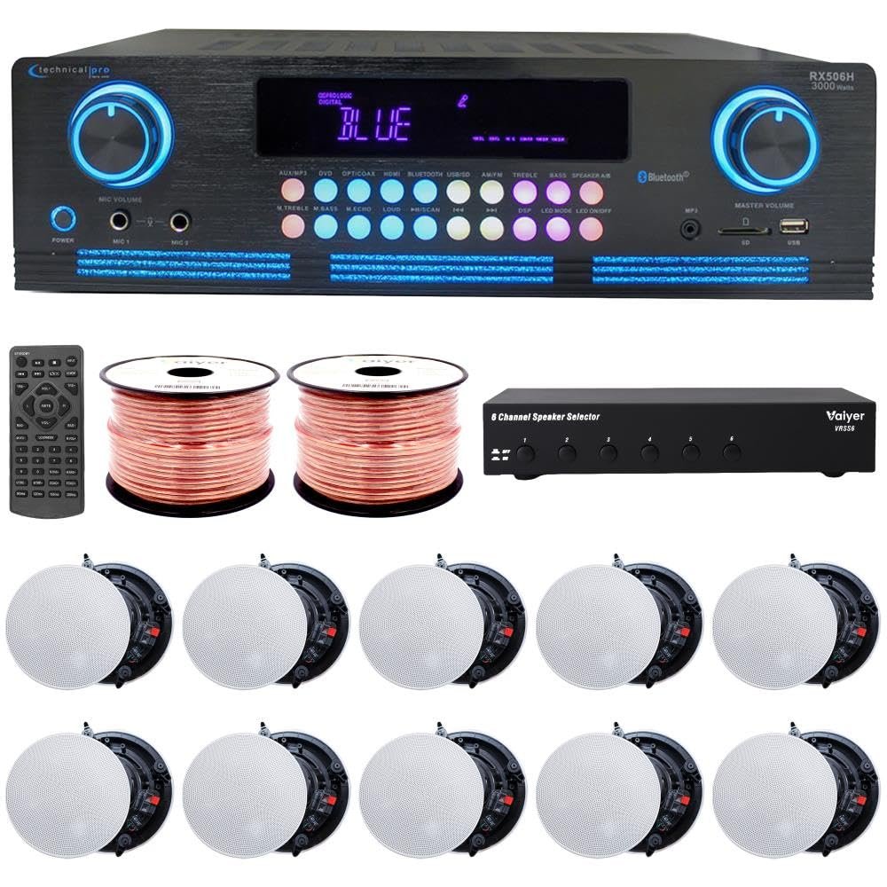 Home Audio System Kit - 2000 W Bluetooth Amplifier w/ 10 Qty of 5.25" Frameless Ceiling Speakers 175 W Each, 6-Ch Speaker Selector, 500 ft Speaker Wire & Remote for Home, Office, Restaurant - Vaiyer
