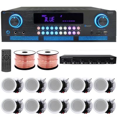 Home Audio System Kit - 2000 W Bluetooth Amplifier w/ 10 Qty of 5.25" Framed Ceiling Speakers 175 W Each, 6-Ch Speaker Selector w/Volume Control, 500 ft Speaker Wire & Remote - Vaiyer
