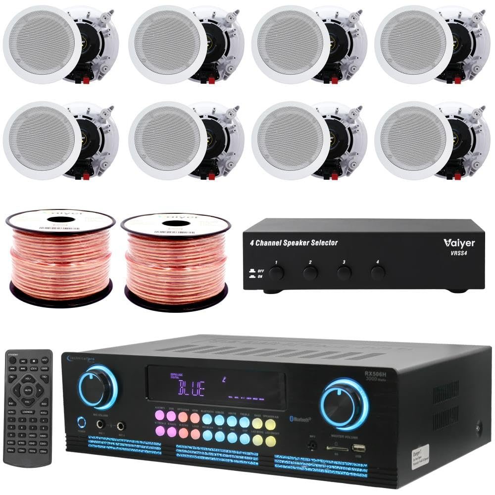 Vaiyer Home Theater System Kit - 2000 W Bluetooth Amplifier w/ 8 Qty of 5.25" Framed Ceiling Speakers 175 W Each, 4-Ch Speaker Selector, 500 ft Speaker Wire & Remote for Home, Office, Restaurant