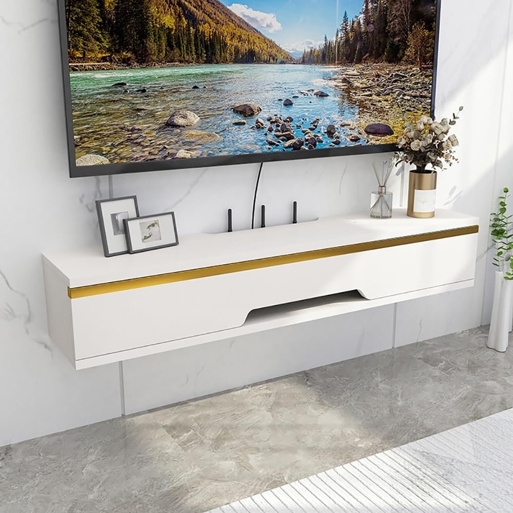 GenSDH Gray Floating Tv Stand with Drawers, Wall-Mounted Media Console, Compact Entertainment Center for Living Room, Bedroom, Hallway - Stylish Solid Wood Design,Warm White,50 * 20 * 15cm