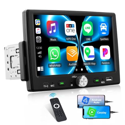 Single Din Car Stereo with Apple CarPlay Android Auto, 7" HD 1024x600 Touchscreen Car Radio with Bluetooth 5.0 Handsfree Mirror Link FM/Type-C/USB/EQ 1 Din Head Unit with Remote Control