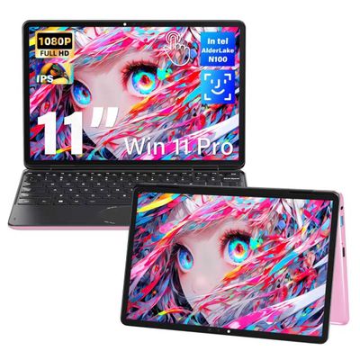 Fsjun 11" Touchscreen 2-in-1 Convertible Pink Laptop for Business&Students, in tel N100 CPU,16G DDR4 RAM,1TB SSD,FHD 1920 * 1200 IPS,Win 11 Pro PC,Backlit Keyboard, WiFi, Type-C,HDMI, Oval Trackpad