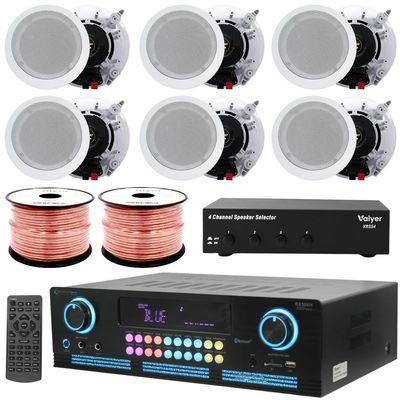 Vaiyer Home Sound System Kit - 2000 W Bluetooth Amplifier w/ 6 Qty of 8" Framed Ceiling Speakers 300 W Each, 4-Ch Speaker Selector, 500 ft Speaker Wire & Remote for Home, Office, Bar