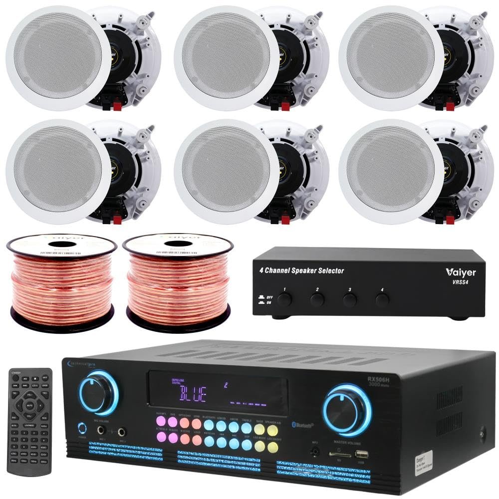 Vaiyer Home Sound System Kit - 2000 W Bluetooth Amplifier w/ 6 Qty of 8" Framed Ceiling Speakers 300 W Each, 4-Ch Speaker Selector, 500 ft Speaker Wire & Remote for Home, Office, Bar