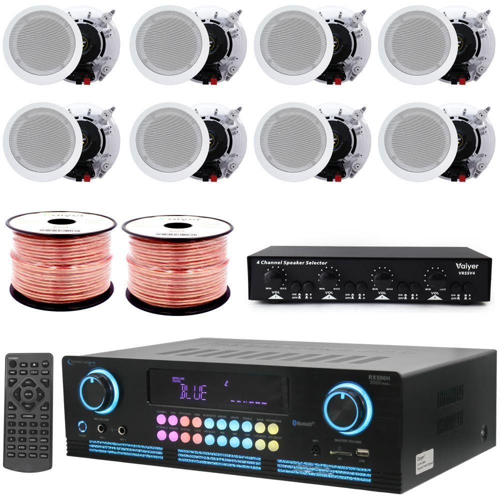 Home Theater System Kit - 2000 W Bluetooth Amplifier w/ 8 Qty of 6.5" Framed Ceiling Speakers 200 W Each, 4-Ch Speaker Selector w/Volume Control, 500 ft Speaker Wire & Remote for Home, Office- Vaiyer