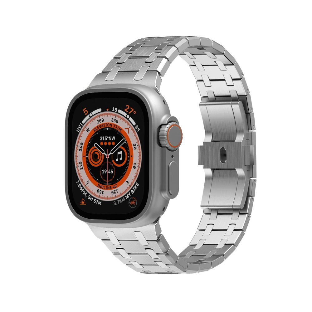 BHOLSA Stainless Steel Watch Band Integrated Bracelet Mod KitFor Apple Watch 8 7 6 5 4 SE 49mm 45mm 44mm 42mm Accessories, Metal Bezel Link Band Replacement Kits(SILVER B,45MM)