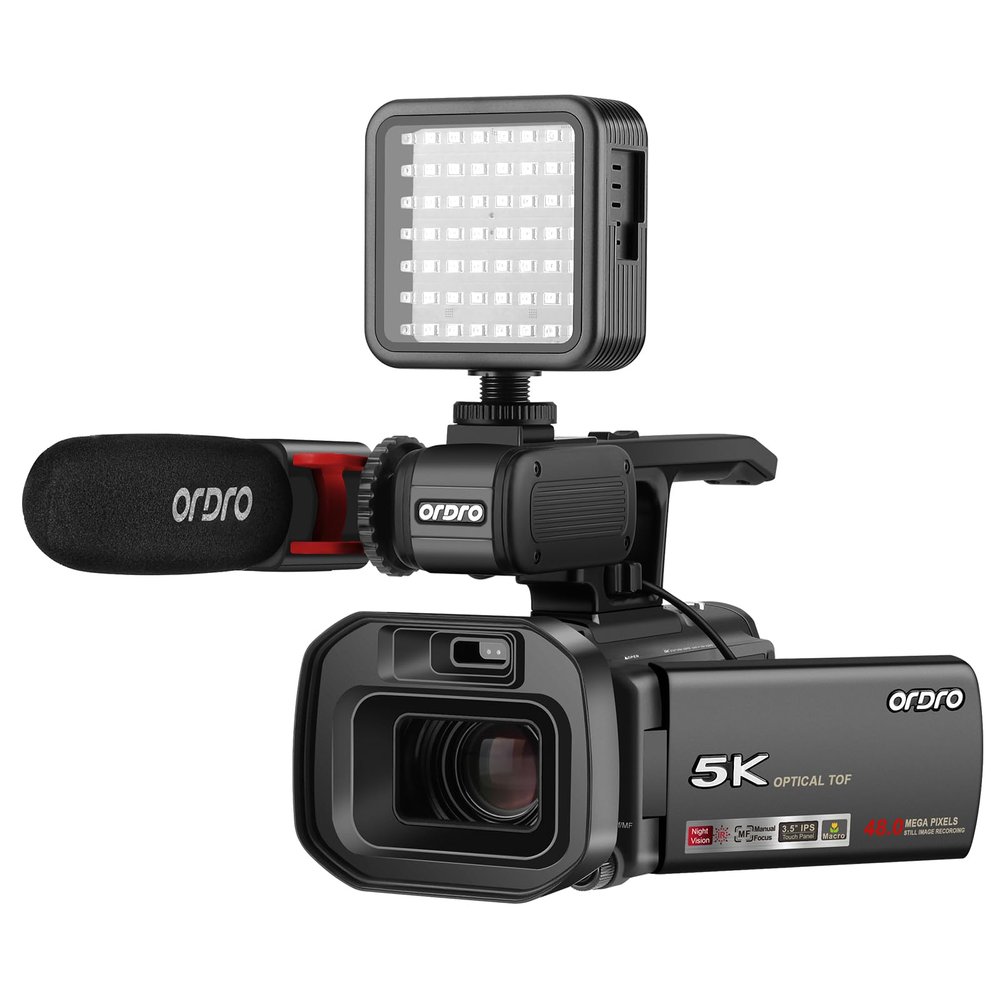 ORDRO XV80 Video Camera Camcorder 5K 48MP UHD 1080P 60fps 12X Optical Zoom for YouTube, IR Night Vision 40X Digital Zoom 3.5 Touch Screen Vlog Camera with Lens Hood and Handheld Stabilizer IR Light