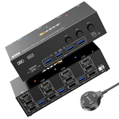 KVM Switch 3 Monitors 3 Computers HDMI + DisplayPort, KCEVE 8K USB 3.0 DP KVM Switcher, 8K@30Hz/4k@144Hz Triple Monitor DP KVM for 3 PC Share 3 Display and 4 USB 3.0 Devices