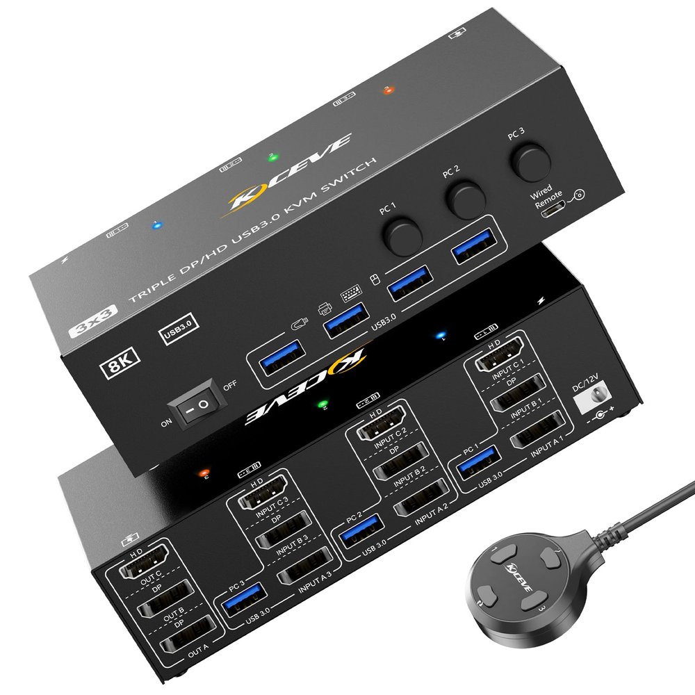 KVM Switch 3 Monitors 3 Computers HDMI + DisplayPort, KCEVE 8K USB 3.0 DP KVM Switcher, 8K@30Hz/4k@144Hz Triple Monitor DP KVM for 3 PC Share 3 Display and 4 USB 3.0 Devices