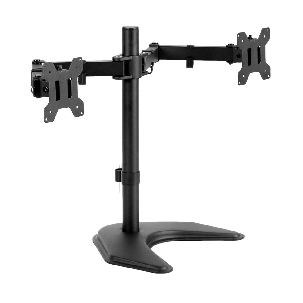FNJTDVWS Black dual monitor stand with desktop mount, can hold up to 27-inch screen