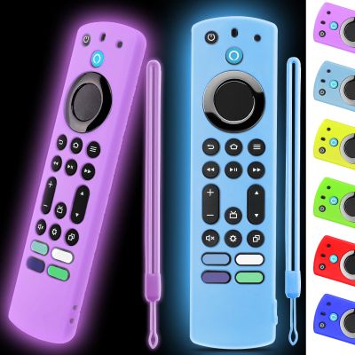 (2 Pack) ONEBOM Silicone TV Remote Cover, (6.2 Inch*1.5 Inch) Anti Slip Silicone Protective Case with Same Color Lanyard(Glow Blue&Glow Purple)