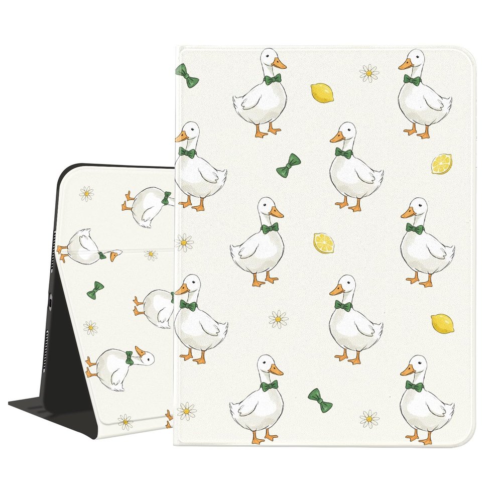 AdorableWhimsy Cute Duck Case for iPad Air 11" M3 2025/M2 2024/iPad Air 5 2022/Air 4 2020 10.9" with Pencil Holder Kawaii Lemon Animal Design Folio Stand Cover Textured Leather Tablet Case