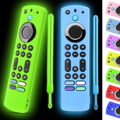(2 Pack) ONEBOM Silicone TV Remote Cover, (6.2 Inch*1.5 Inch) Anti Slip Silicone Protective Case with Same Color Lanyard(Glow Green&Glow Blue)