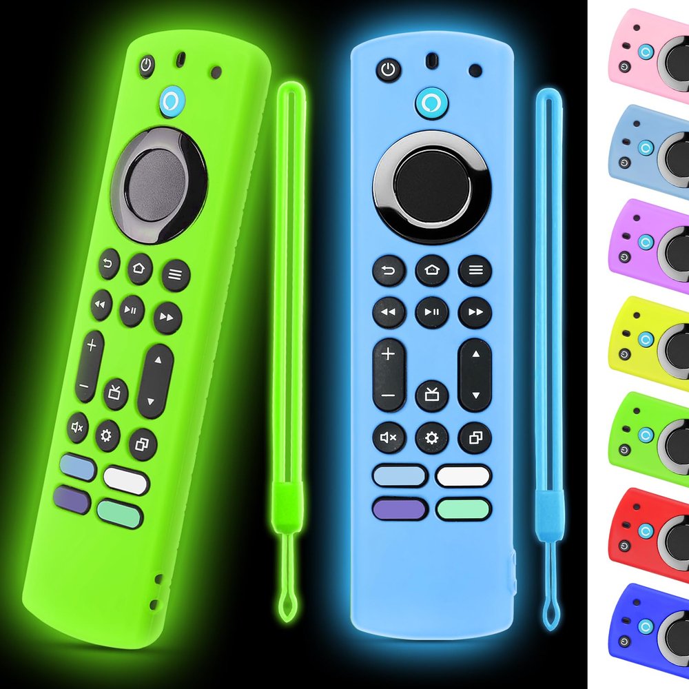 (2 Pack) ONEBOM Silicone TV Remote Cover, (6.2 Inch*1.5 Inch) Anti Slip Silicone Protective Case with Same Color Lanyard(Glow Green&Glow Blue)