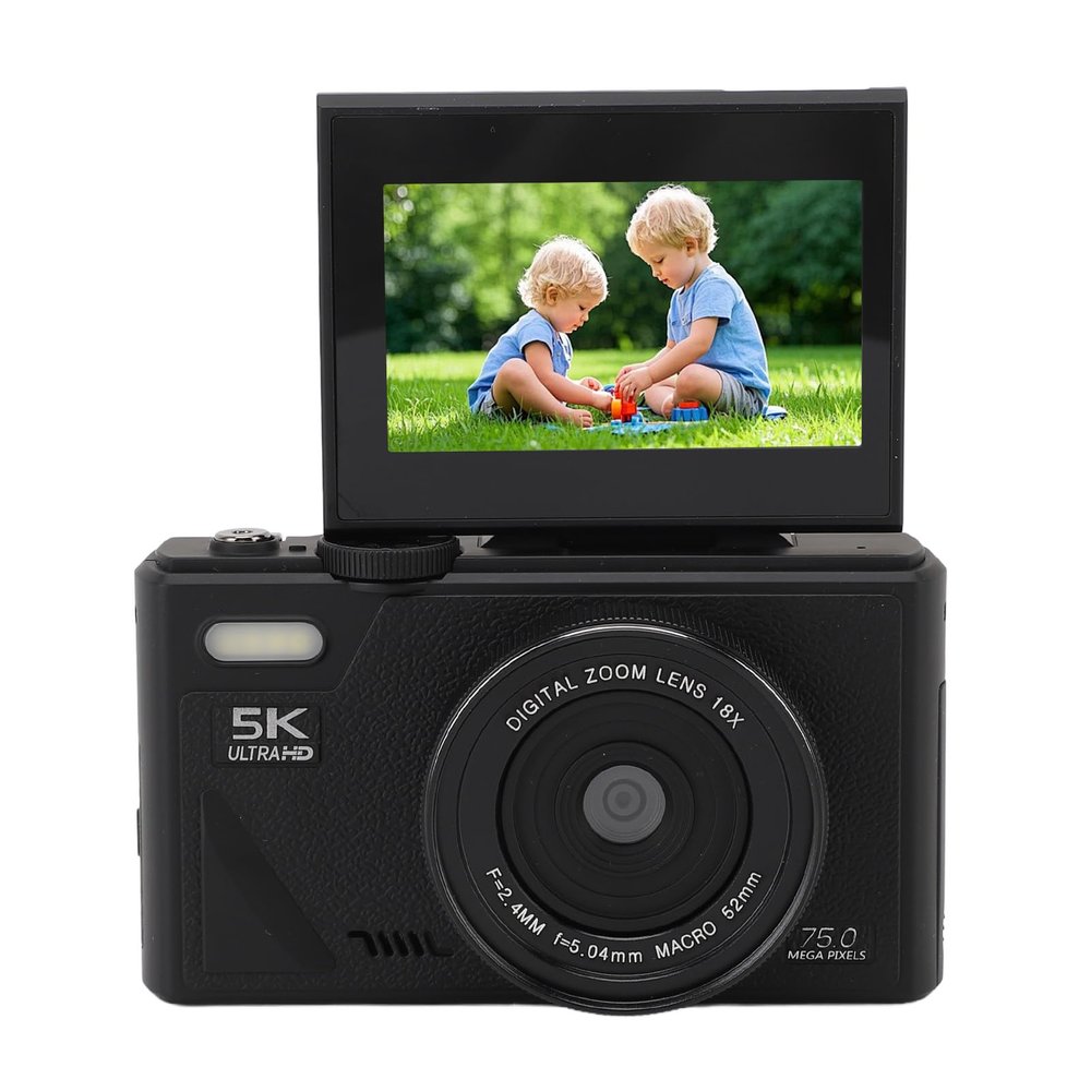 BAFOVY 5K Digital Camera, 75MP HD Mirrorless Camera, 18X Zoom, Autofocus, Retro Design, 3 Inch Flip Screen, Ideal for Travel Photography, for Selfies and Everyday Use (Black)
