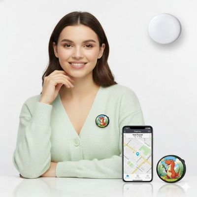 Cute Dino Clip-On Smart Tag Lightweight Brooch-Style Item Locator, Water-Resistant, Invisible Pin-Back Holder, Compatible with Apple Find My (iOS Only), Clothing & Bag Accessory (Black)