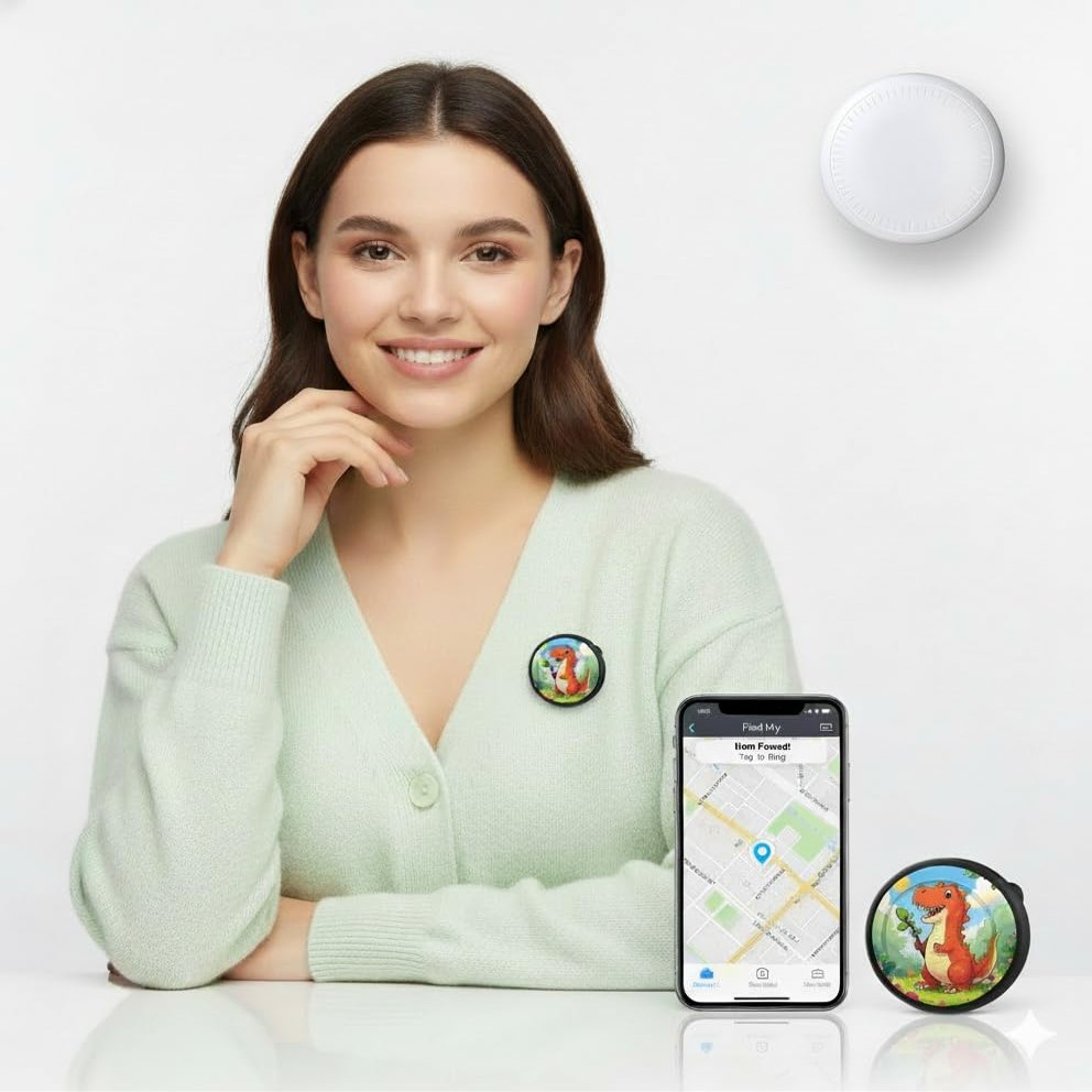 Cute Dino Clip-On Smart Tag  Lightweight Brooch-Style Item Locator, Water-Resistant, Invisible Pin-Back Holder, Compatible with Apple Find My (iOS Only), Clothing & Bag Accessory (Black)