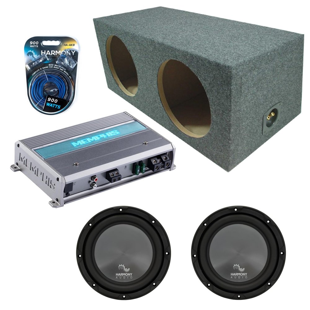 Harmony Audio Memphis fits Rear Angle HA-R104 Dual 10" Subwoofer 500W Loaded Sealed Sub Box Enclosure Bundle | MXA600.1M 600W Amplifier, 8GA Amp Wiring Kit