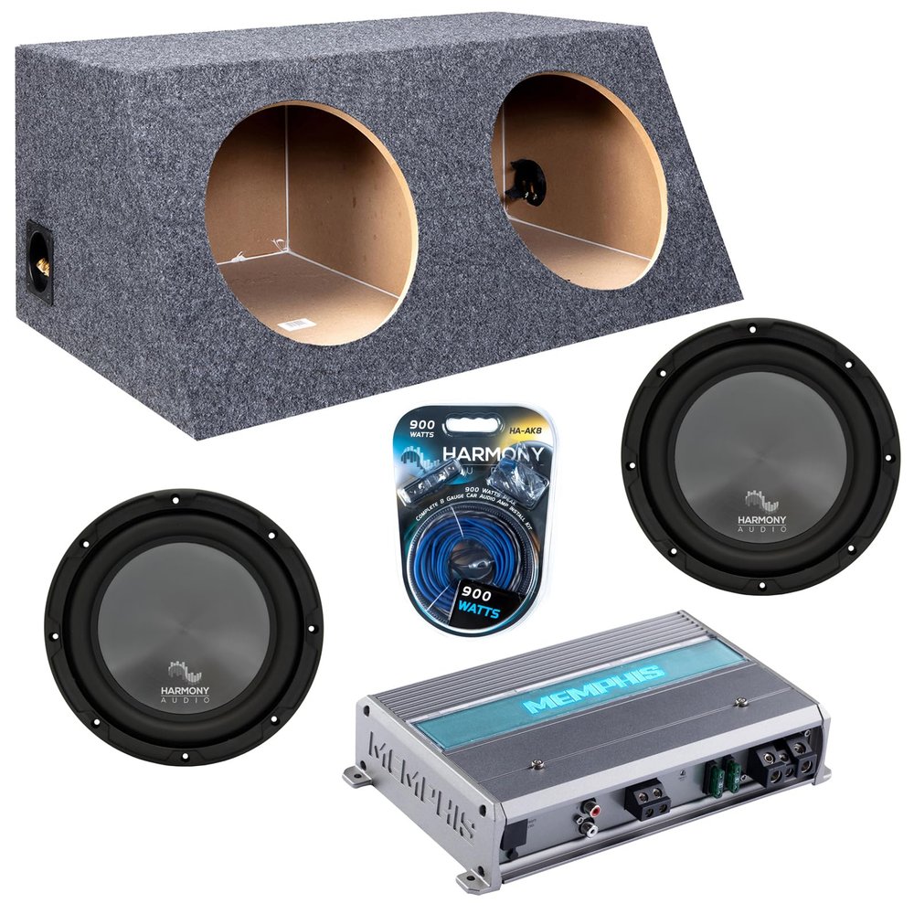 Harmony Audio Memphis fits Slanted Hatchback HA-R104 Dual 10" Subwoofer 500W Loaded Sealed Sub Box Enclosure Bundle | MXA600.1M 600W Amplifier, 8GA Amp Wiring Kit