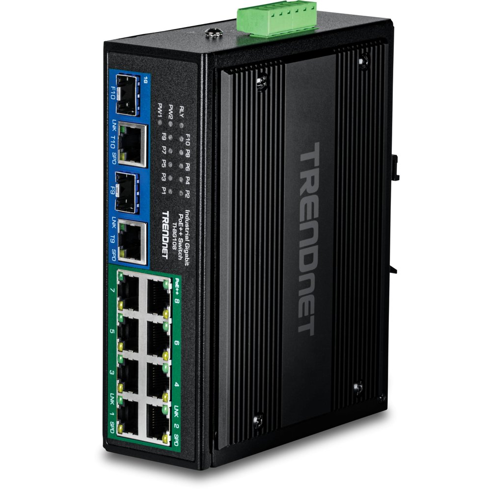 TRENDnet 10-Port Industrial Gigabit 400W PoE++ DIN-Rail Switch, TI-BG108, 8 x Gigabit PoE++ Ports, 2 x Gigabit Shared Ports (RJ-45 / SFP), 20Gbps, 400W (Renewed)