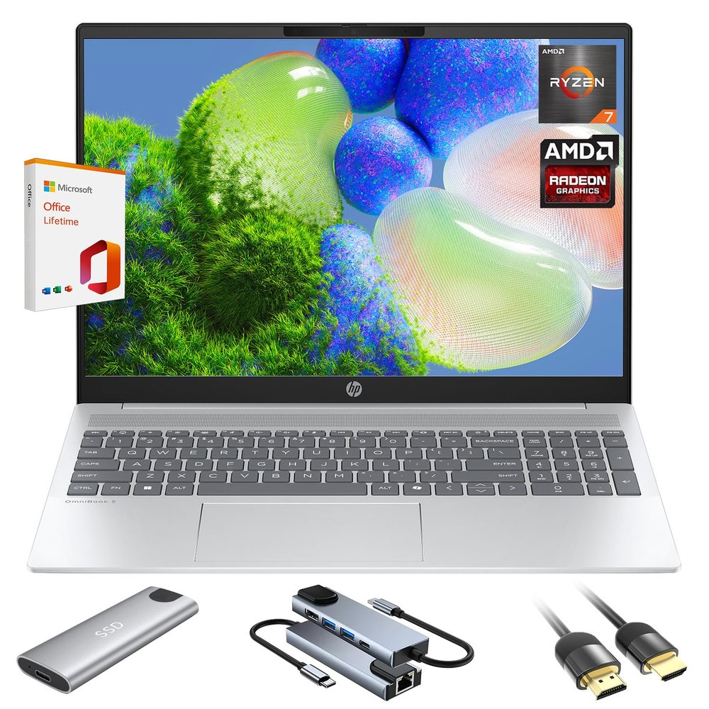 HP Omnibook 5 AI Laptop,16" 2K (1920 x 1200) Laptop PC,Next Gen AI PC AMD Ryzen AI 7 350(NPU 50 Tops),16GB RAM,2TB SSD Laptops for Business, College, School, Photo Editing,Lifetime Office,Win 11