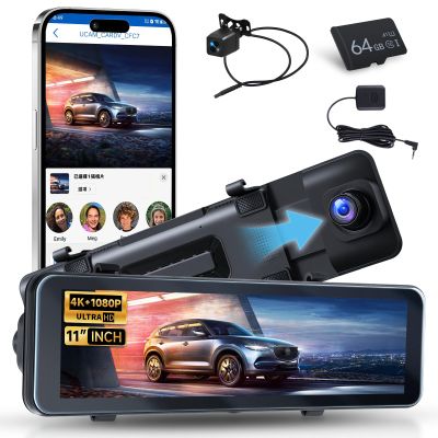 Driauto 11 Inch 4K Mirror Dash Cam Front and Rear View Mirror Camera with ADAS BSD and LCA, GPS Dash Camera for Car, Rearview Mirror Camera with WiFi G-Sensor Night Vision Loop Recroding+ 64G SD Card
