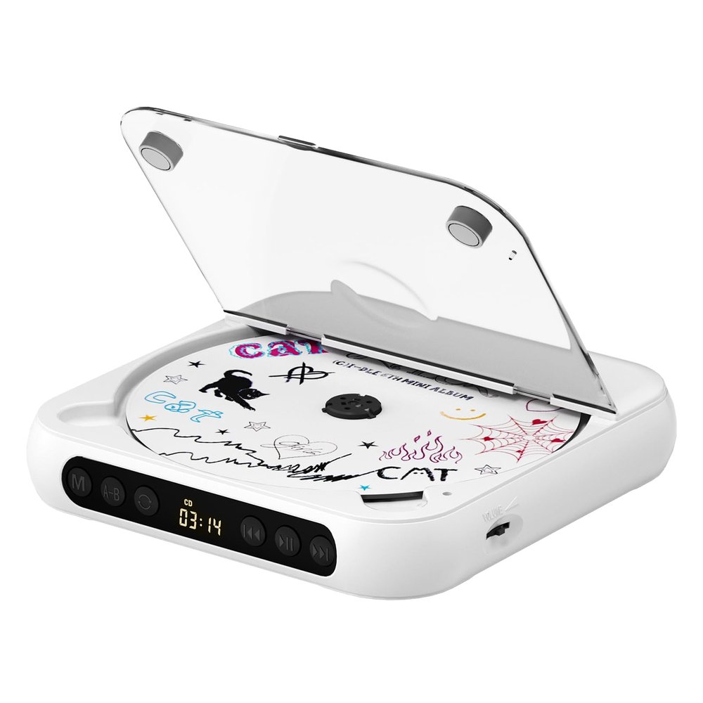 CD Player Portable with Dual Stereo Speakers, Rechargeable Portable CD Player with Bluetooth for Home with Headphones, White