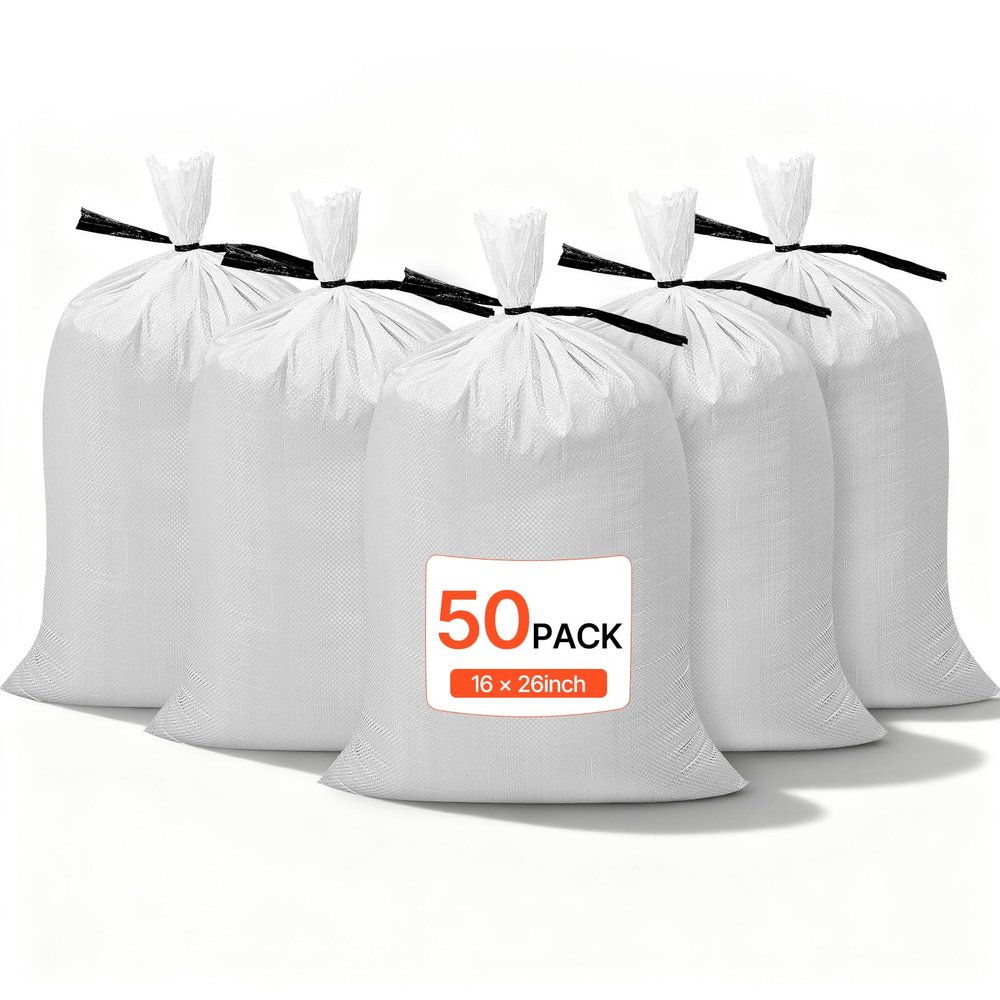 VEVOR Heavy Duty Sand Bags, 50Pack 14" x 26", Empty Sandbags for Flooding with Tie Strings, Woven Polypropylene Sand Bag with 1600 Hours of UV Protection, 50Lbs Capacity