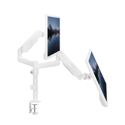 ADBWEKKF White Dual Monitor Pneumatic Sit-Stand Desk Stand for 2 Screens up to 32 Inches