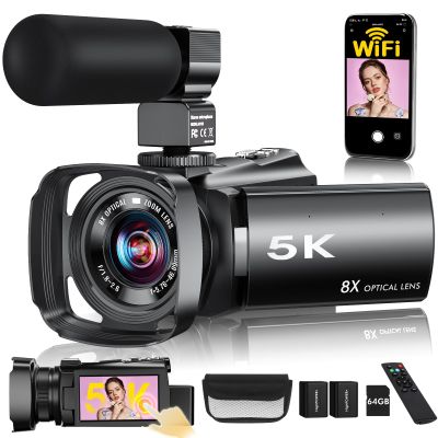 5K Video Camera Camcorder,64MP WiFi Vlogging Camera for YouTube with 8X Optical Zoom,3.5" IPS Touch Screen,Full-Color Night Vision,Live streaming,6-Axis Anti-Shake,64GB Card & Two 1400mAh Batteries
