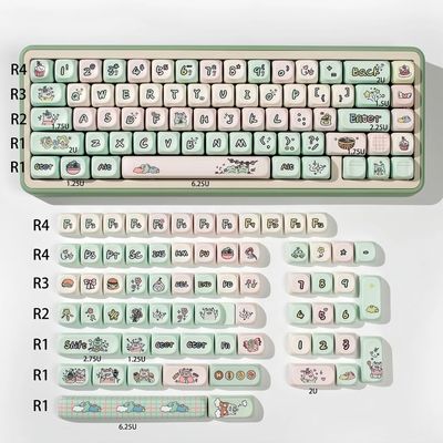 1Set PBT Keycaps, MOA Profile Milk Green Pig Cartoon Keycaps Dye Sublimation for Mechanical Keyboards