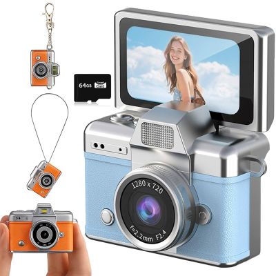 2026 New Mini Digital Camera with 1.47 in LCD Screen 1080P, Mini Keychain Retro Camera with 64GB Card - Flip Screen, Built-in Flash, Strap and Keychain - Ideal for Travel, Study, and Concerts (Blue)