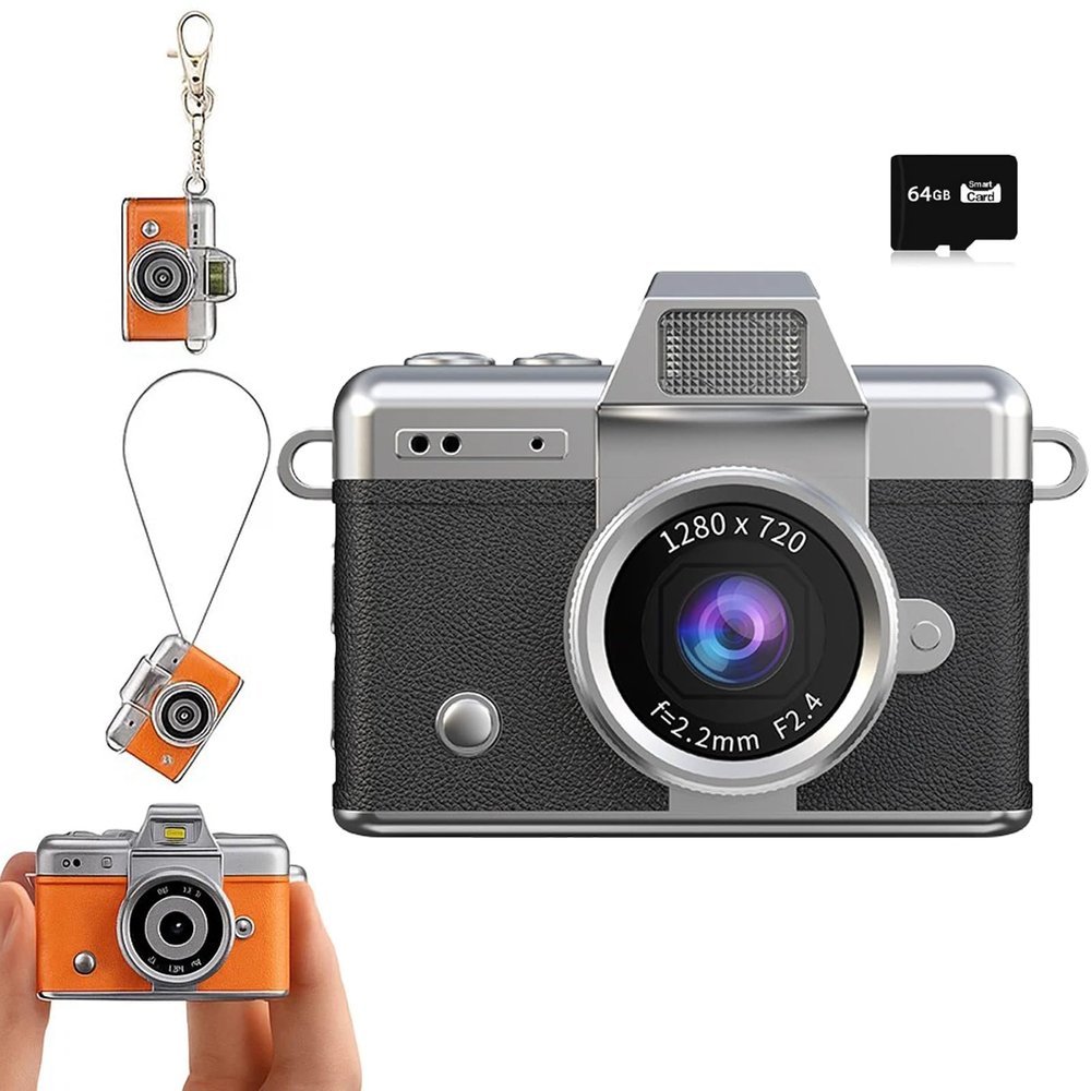 2026 New Mini Digital Camera with 1.47 in LCD Screen 1080P, Mini Keychain Retro Camera with 64GB Card - Flip Screen, Built-in Flash, Strap and Keychain - Ideal for Travel, Study, and Concerts (Black)