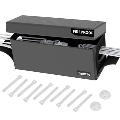 Tamfile Cable Management Box, Fireproof Foldable Cord Organizer and Cover, Heat Resistant Large Power Strip Organizer for TV Wires, Computer and USB Hub with Cable Clips & Reusable Cable Ties (Black)