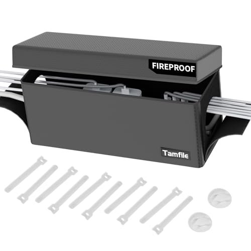 Tamfile Cable Management Box, Fireproof Foldable Cord Organizer and Cover, Heat Resistant Large Power Strip Organizer for TV Wires, Computer and USB Hub with Cable Clips & Reusable Cable Ties (Black)