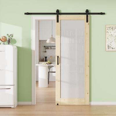 28" x 80" 1-Lite Tempered Frosted Glass Barn Door with 72" Track Kit, Pine Wood Sliding Barn Doors for Closet Kitchen, Excellent Sound & Thermal Insulation, Energy Saving, Resists Dents and Damage