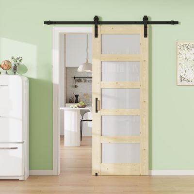 36" x 80" 5-Lite Tempered Frosted Glass Barn Door with 72" Track Kit, Pine Wood Sliding Barn Doors for Closet Kitchen, Excellent Sound & Thermal Insulation, Energy Saving, Resists Dents and Damage