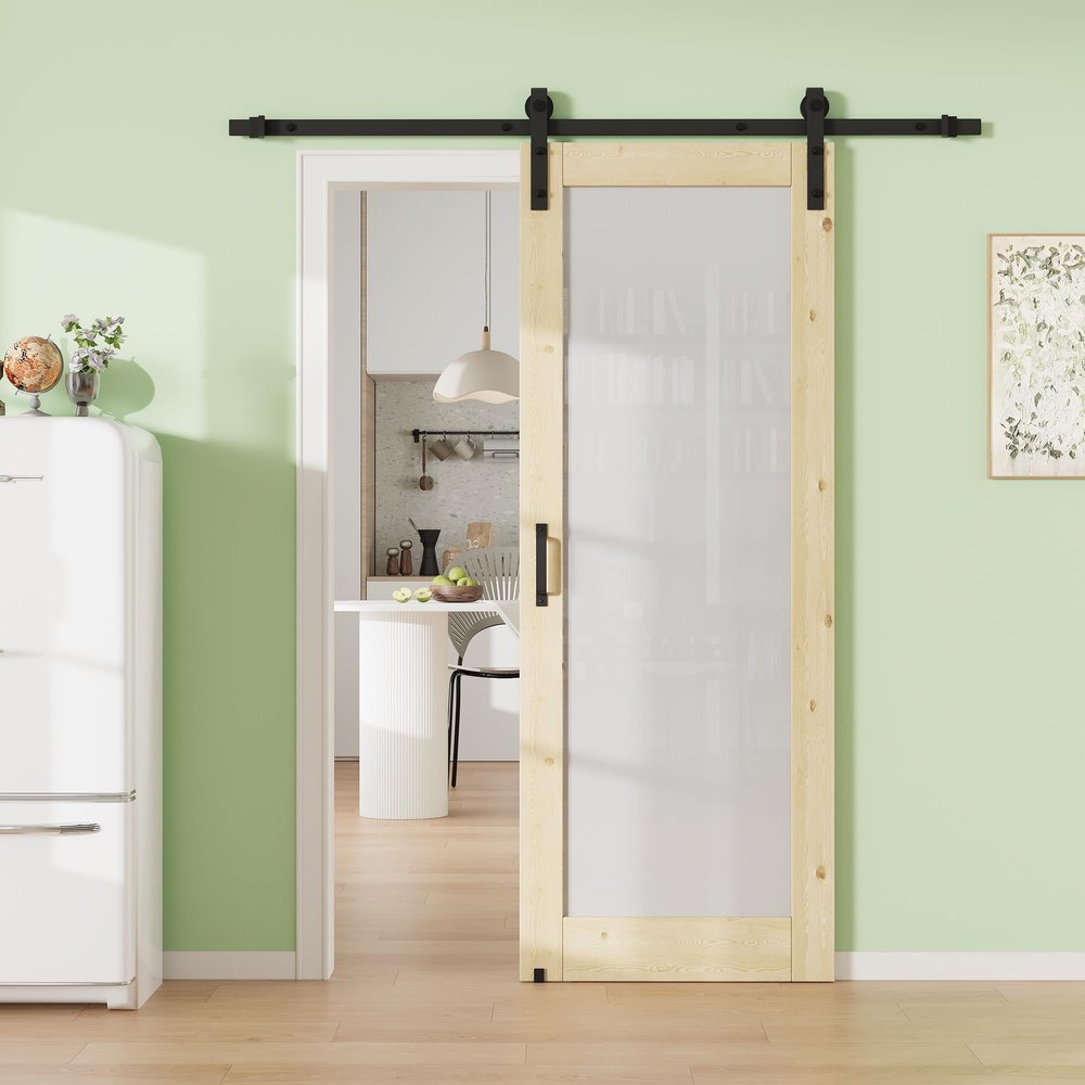 24" x 80" 1-Lite Tempered Frosted Glass Barn Door with 72" Track Kit, Pine Wood Sliding Barn Doors for Closet Kitchen, Excellent Sound & Thermal Insulation, Energy Saving, Resists Dents and Damage