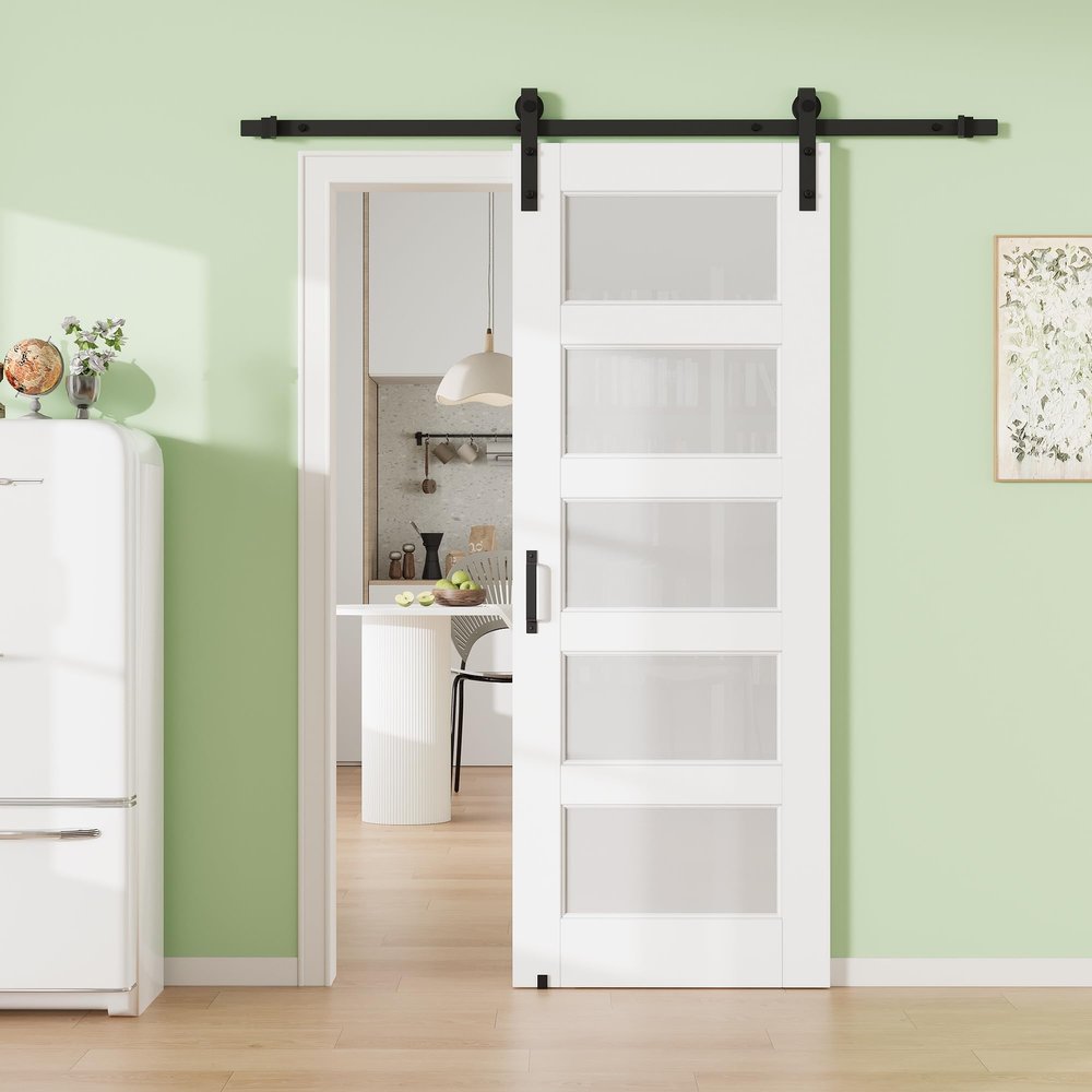 32" x 80" 5-Lite Tempered Frosted Glass Barn Door with 72" Track Kit, Solid Core MDF Sliding Barn Doors for Closet Kitchen, Paintable White Door Panel with Excellent Sound & Thermal Insulation, Sturdy