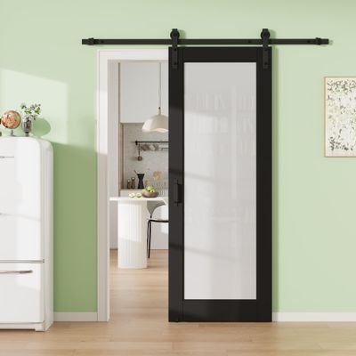 32" x 80" 1-Lite Tempered Frosted Glass Barn Door with 72" Track Kit, Solid Core MDF Sliding Barn Doors for Closet Kitchen, Excellent Sound & Thermal Insulation, Energy Saving and Protect Privacy